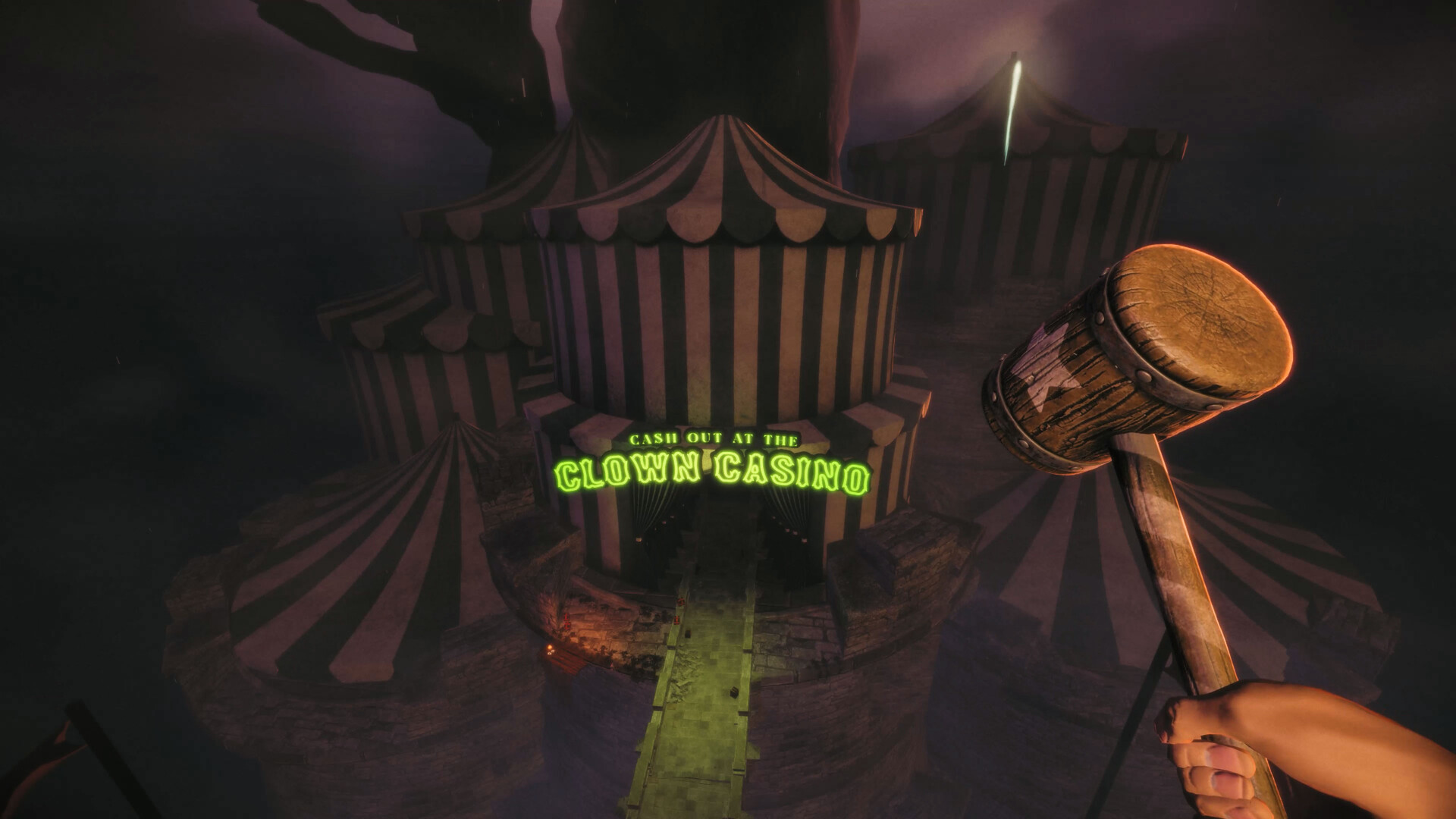 First-person mallet view of striped circus tents and a neon sign reading CASH OUT AT THE CLOWN CASINO.
