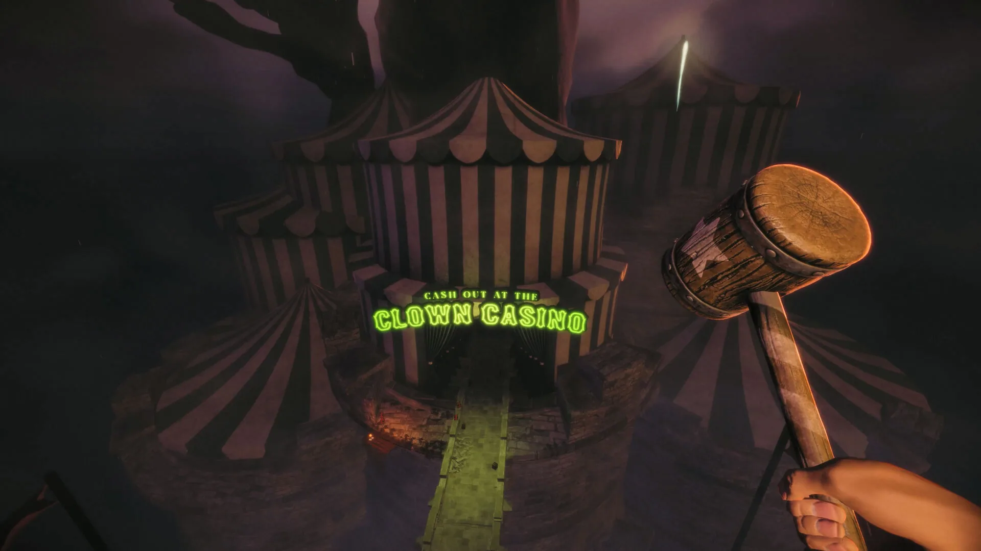 First-person mallet view of striped circus tents and a neon sign reading CASH OUT AT THE CLOWN CASINO.