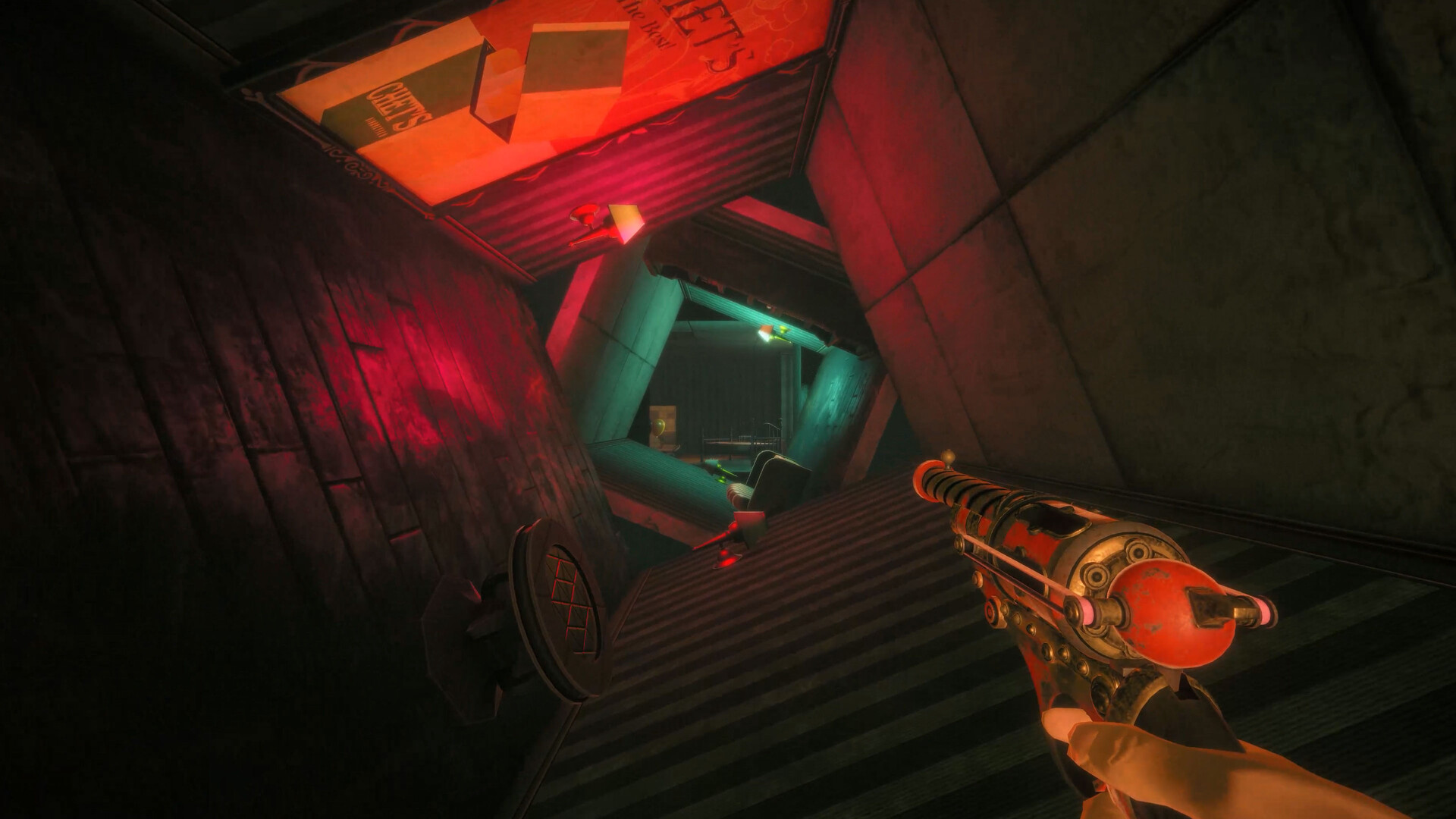 Tilted red-and-teal corridor with a Cheet's poster, a wheelchair at the far end, and a toy firearm in hand.