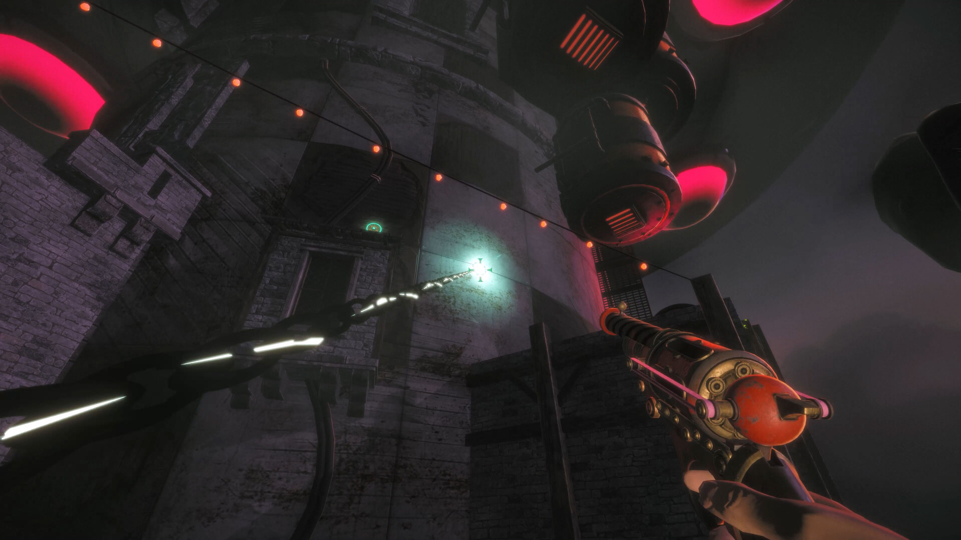 Harpoon line locked onto a glowing point on a tower exterior ringed with red circular lights.