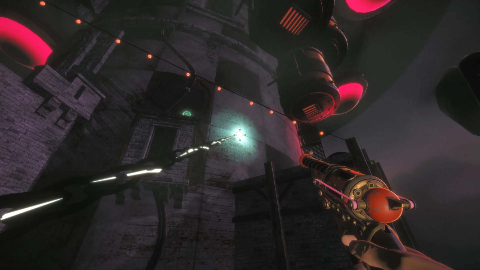 Harpoon line locked onto a glowing point on a tower exterior ringed with red circular lights.