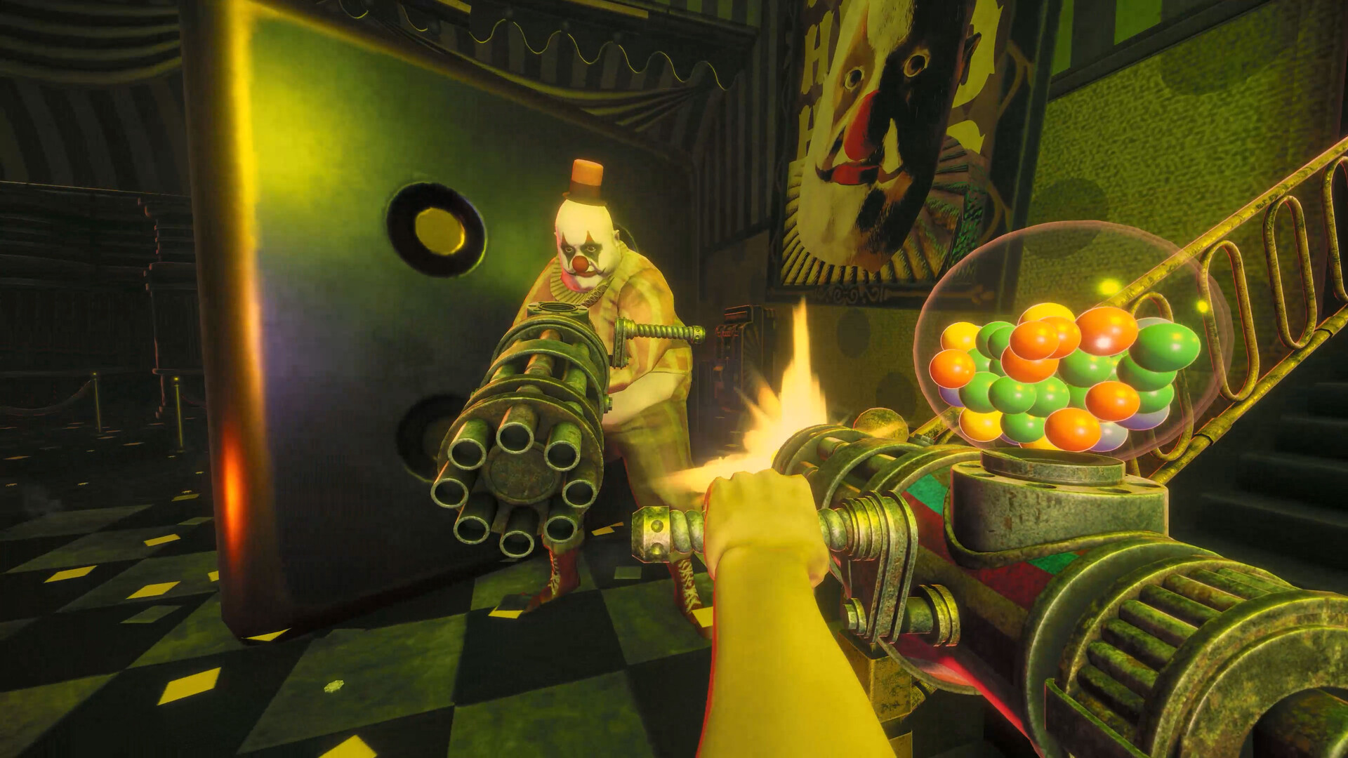 Clown enemy carrying a multi-barrel gun while the player fires a bubblegum chain-gun.