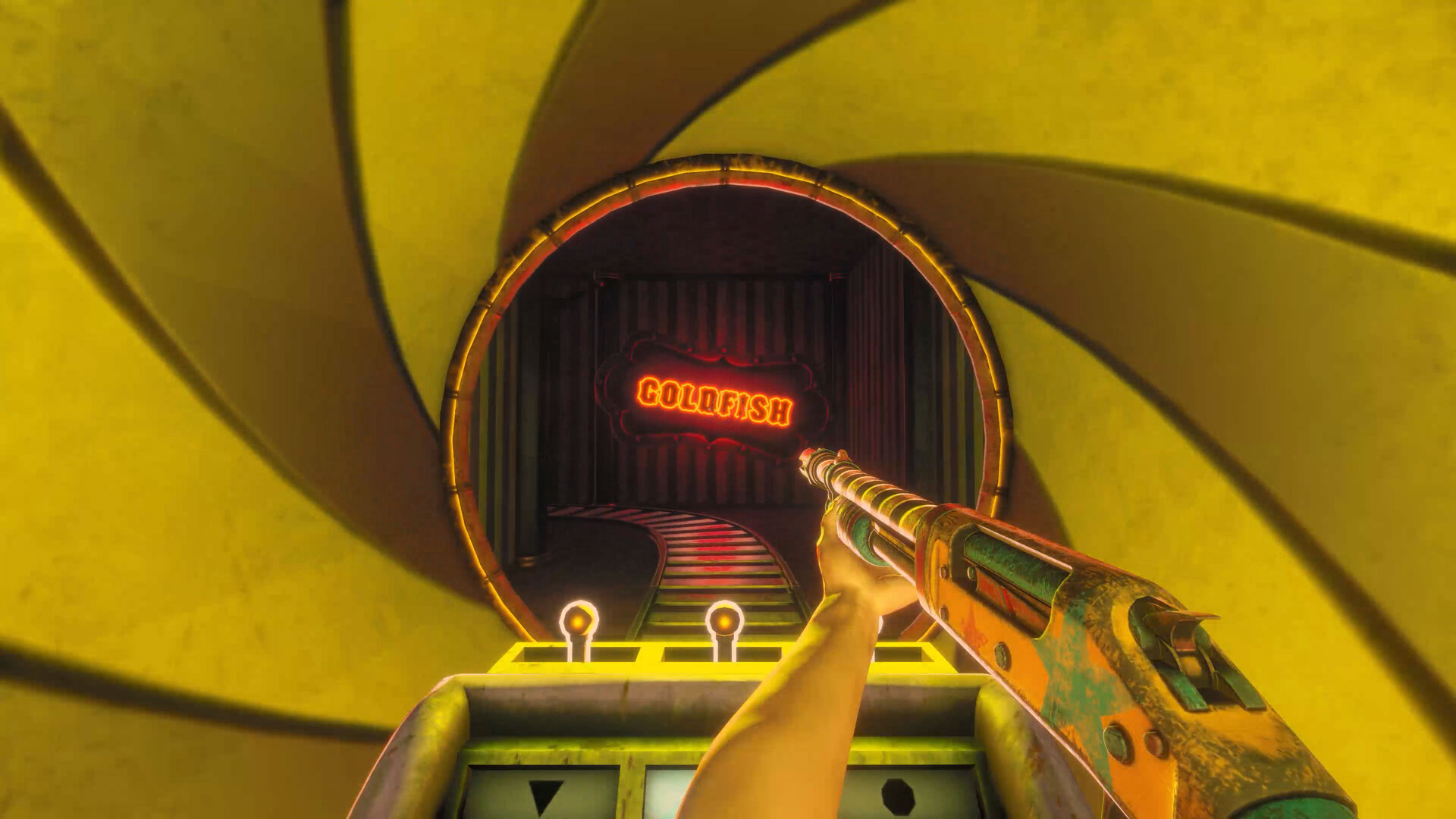 Yellow spiral ride tunnel with carnival rails, a GOLDFISH neon sign, and a shotgun in the foreground.