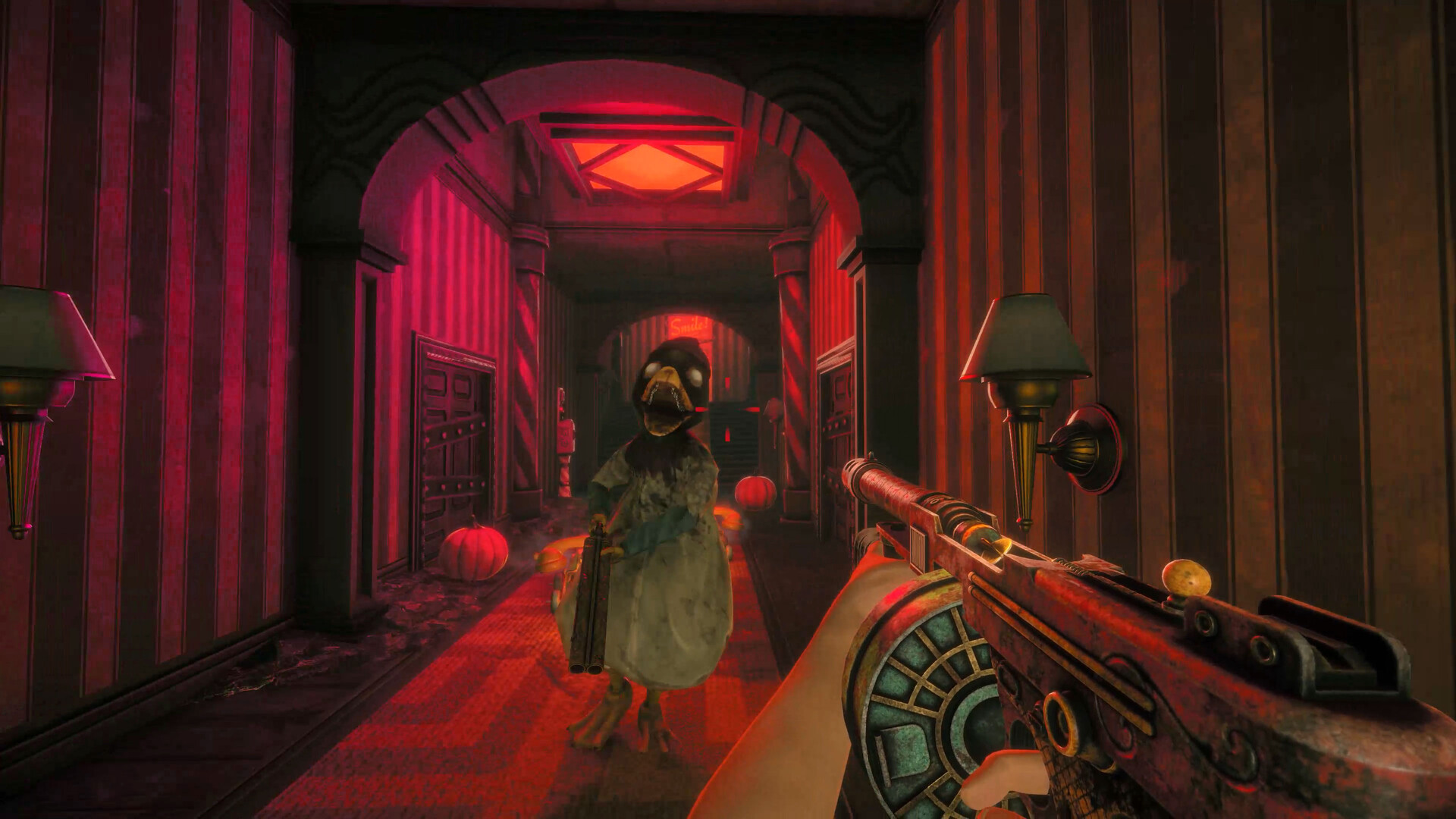 Red hotel hallway with wall lamps, pumpkins, and a bird mascot in a dress holding a shotgun.