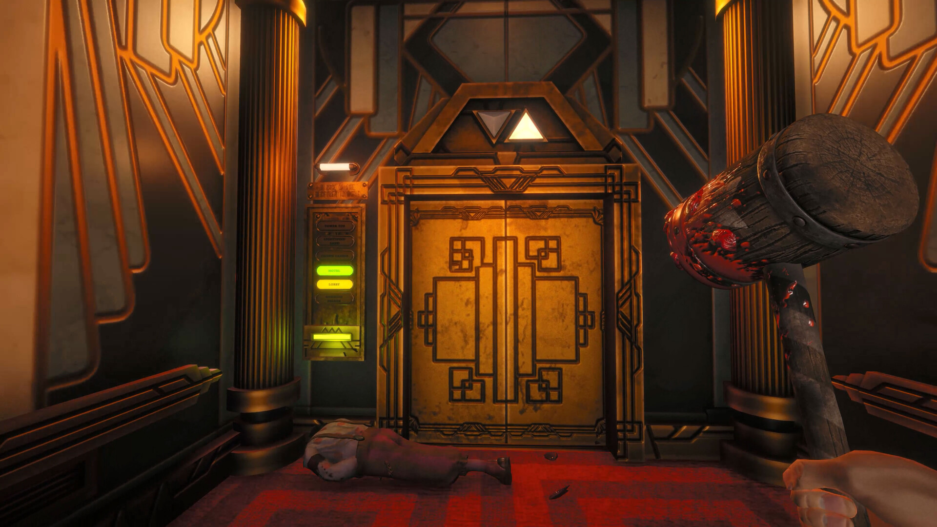 Art-deco elevator with HOTEL and LOBBY floor lights, a body on the carpet, and a bloodied wooden mallet.