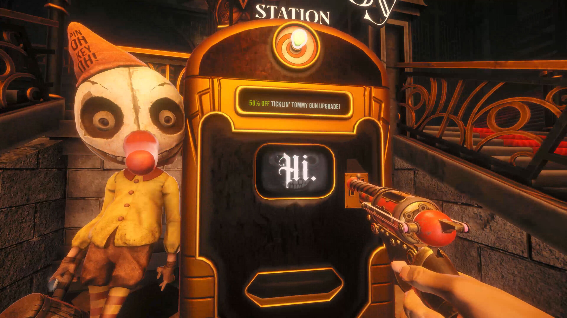 Station kiosk advertising 50% off Ticklin' Tommy Gun Upgrade beside a Pin-Oh-Hey-Oh hat mascot, with Hi. on the screen.