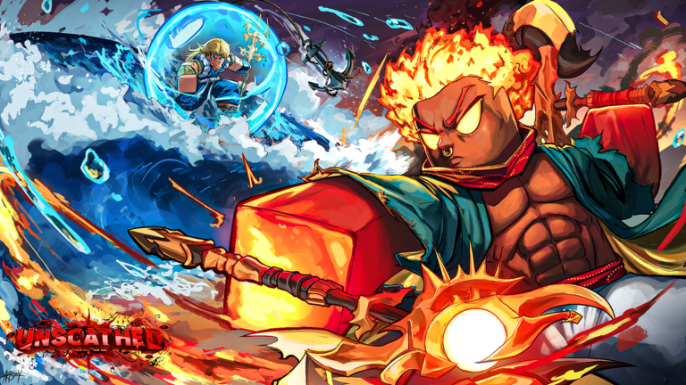 Official Unscathed promotional image showing a fire-wielding fighter facing a water-shielded fighter.