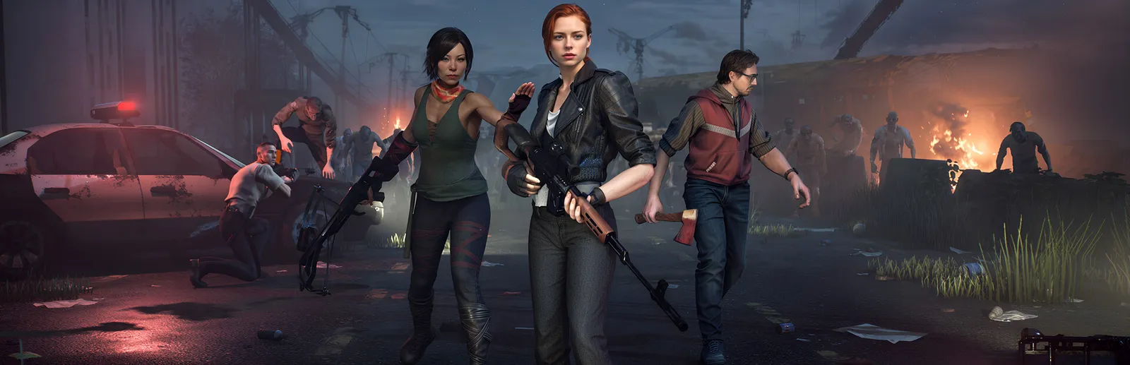 Urban Strife survivors standing armed against a zombie horde at night