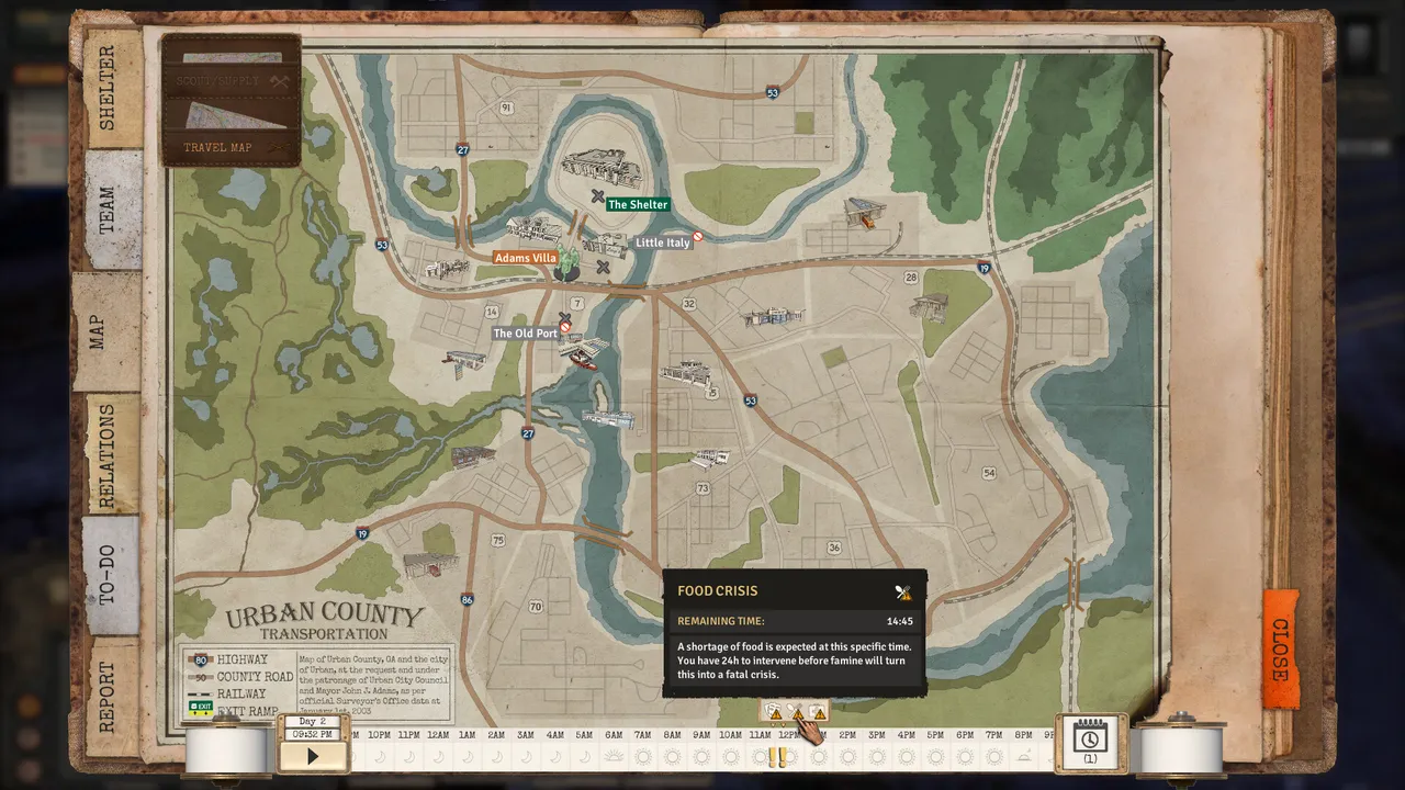 The Urban County travel map rendered as a weathered field journal