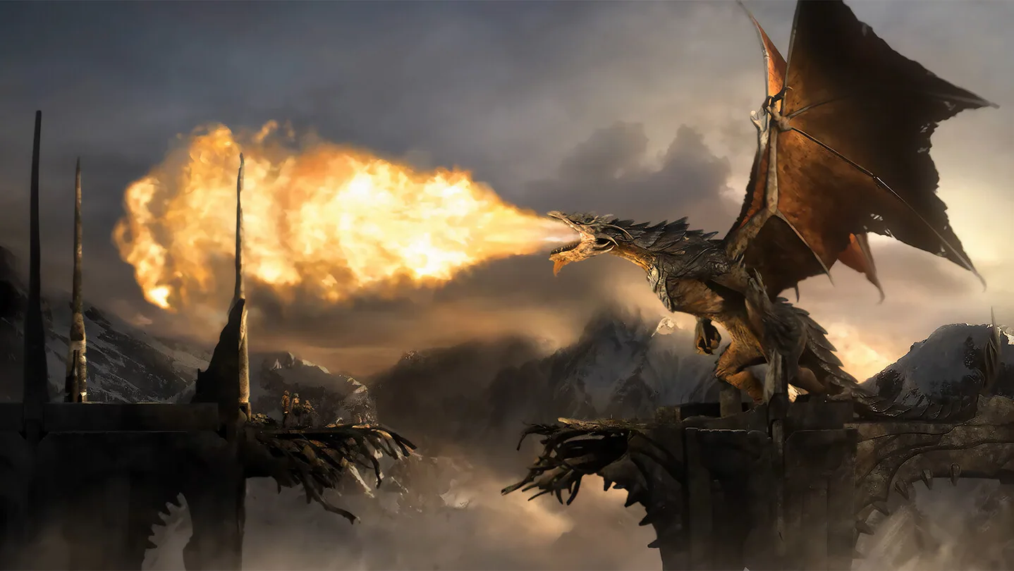 Steam store background art showing a winged dragon breathing fire over a broken mountain bridge.