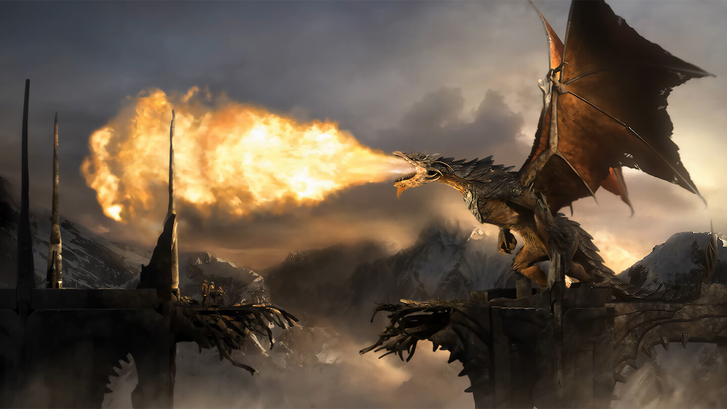 Steam store background art showing a winged dragon breathing fire over a broken mountain bridge.
