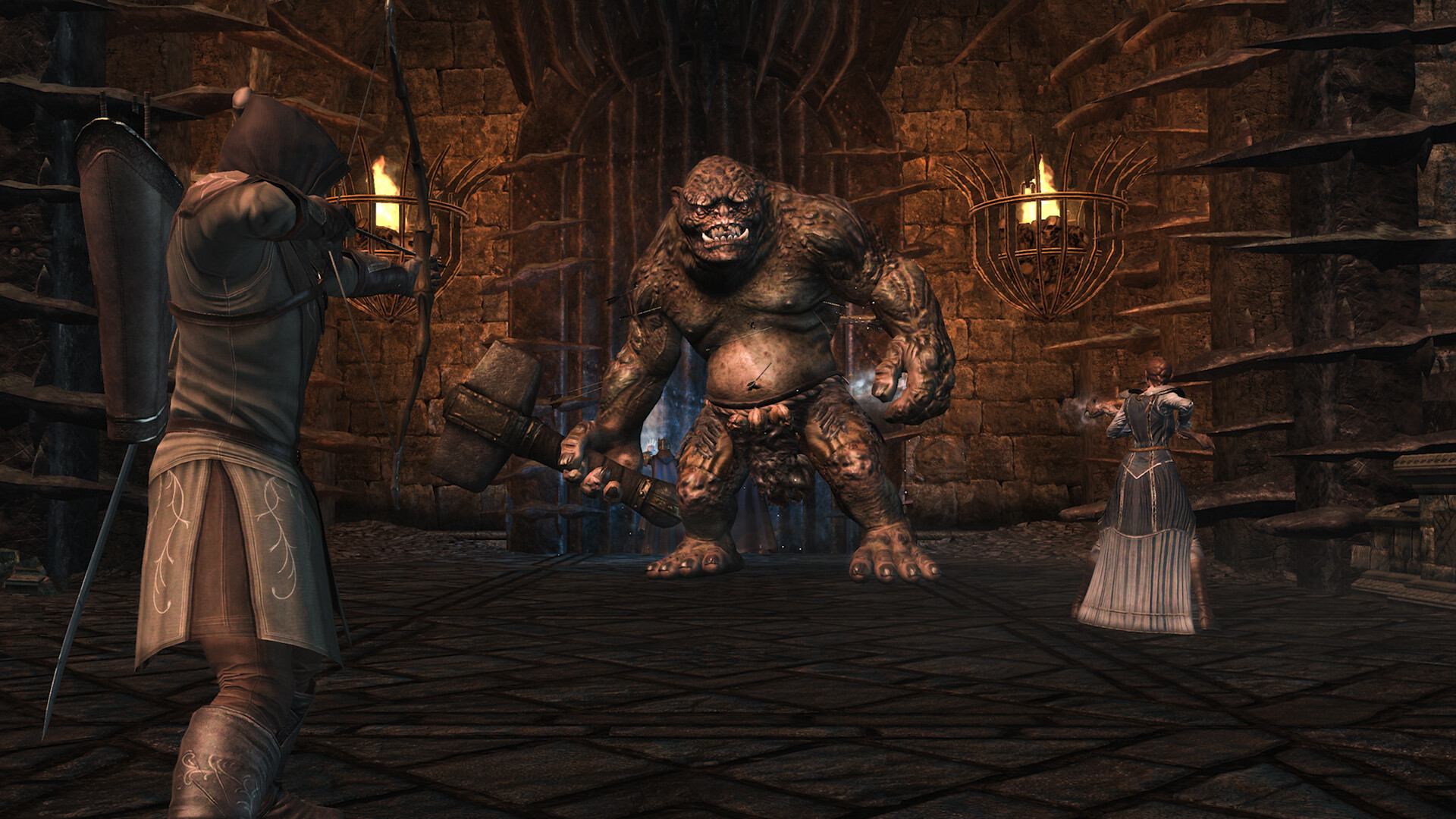 Steam store screenshot showing a hooded archer and a robed ally confronting a large troll in a torch-lit stone hall.