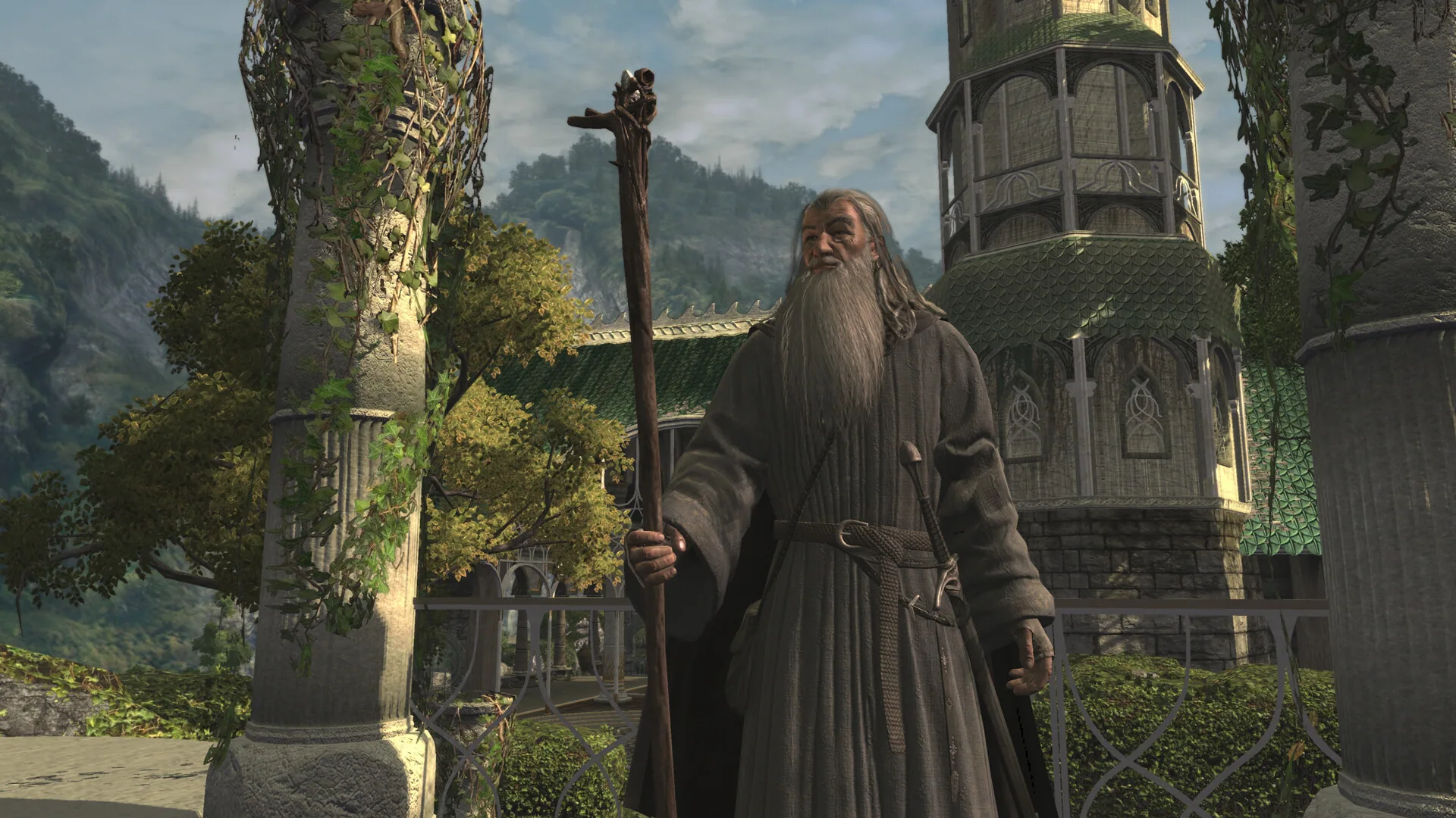 Steam store screenshot showing an elderly bearded wizard holding a staff in a green-roofed elven settlement.