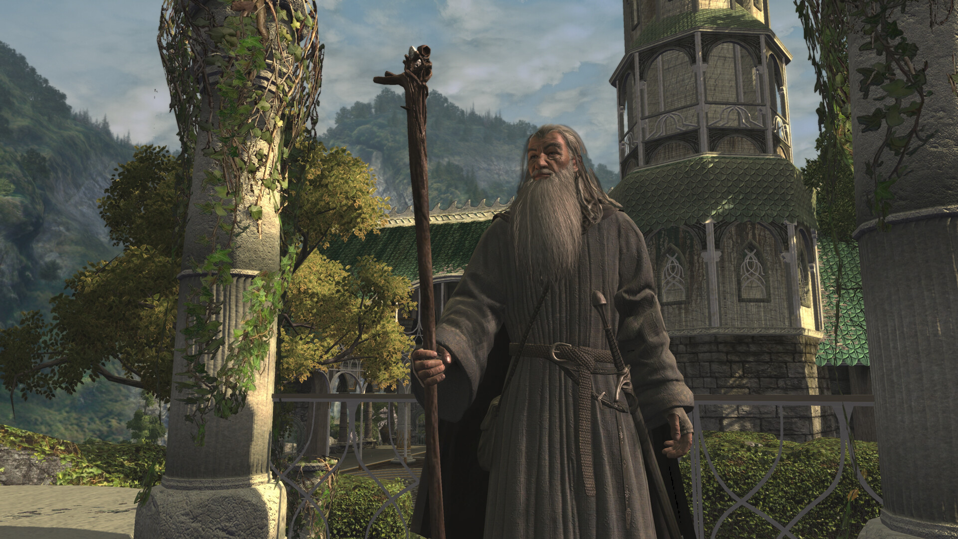 Steam store screenshot showing an elderly bearded wizard holding a staff in a green-roofed elven settlement.
