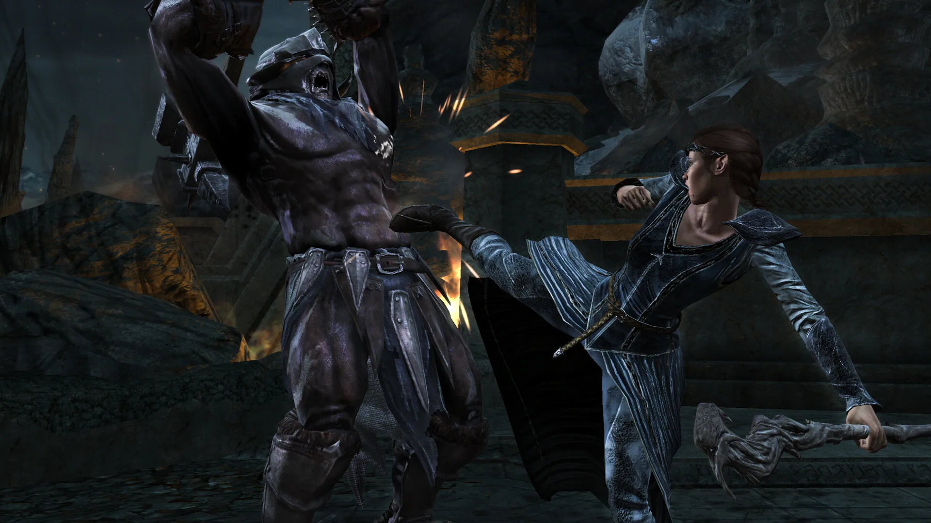 Steam store screenshot showing a female elf-like hero kicking a dark-armored enemy in a cavern.