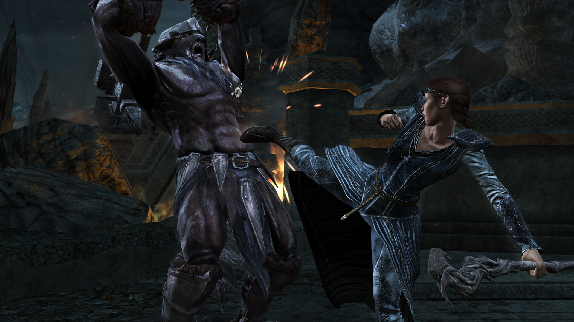Steam store screenshot showing a female elf-like hero kicking a dark-armored enemy in a cavern.