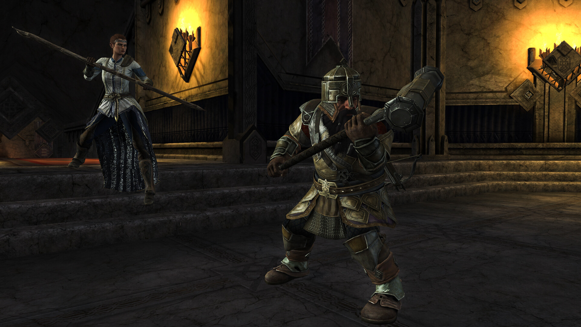 Steam store screenshot showing a female spear-wielding hero and a dwarf fighter in a torch-lit stone hall.