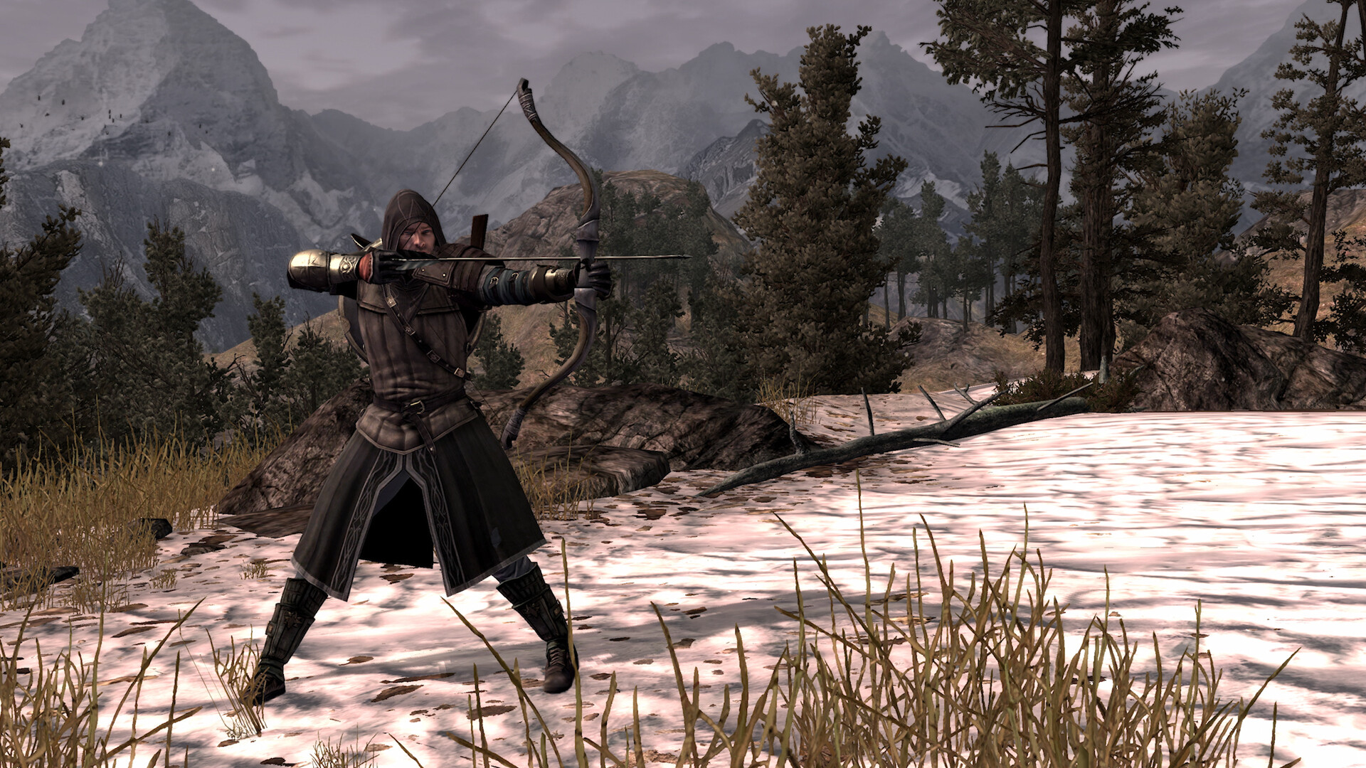 Steam store screenshot showing a hooded archer aiming across a snowy mountain valley.