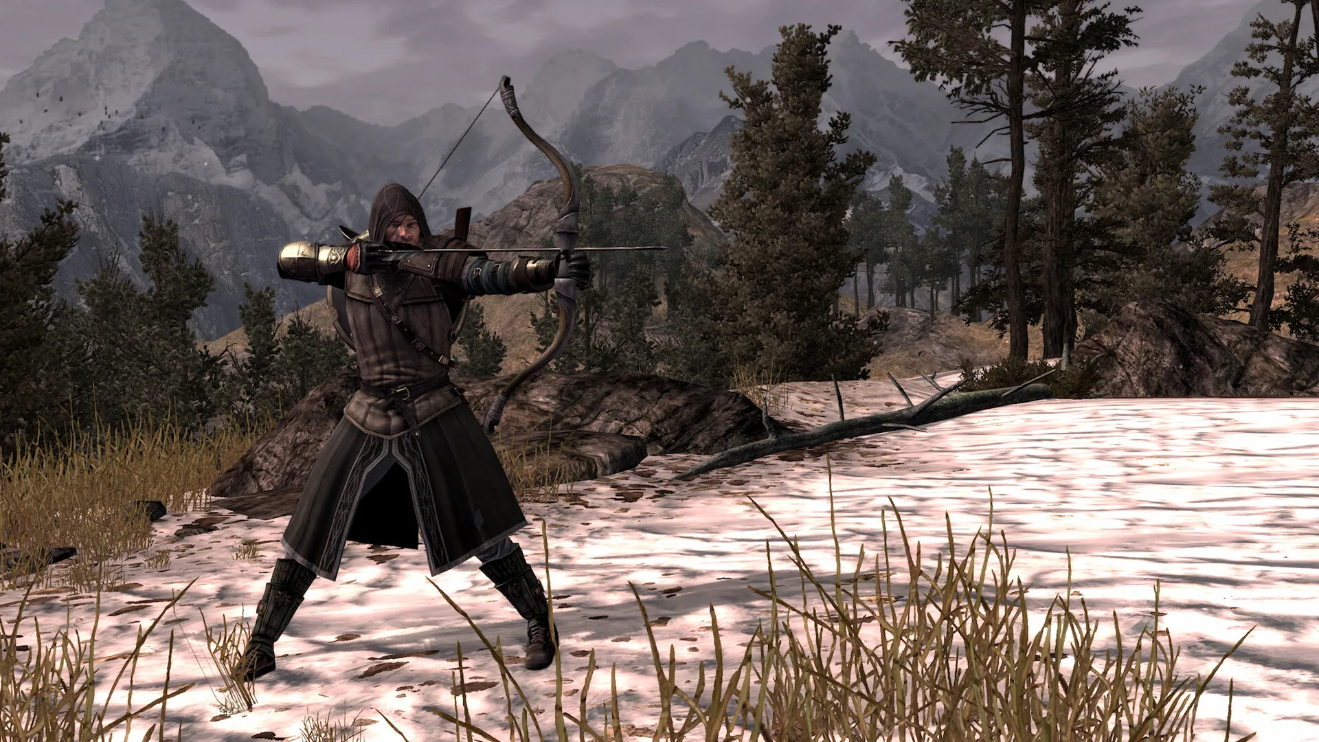 Steam store screenshot showing a hooded archer aiming across a snowy mountain valley.
