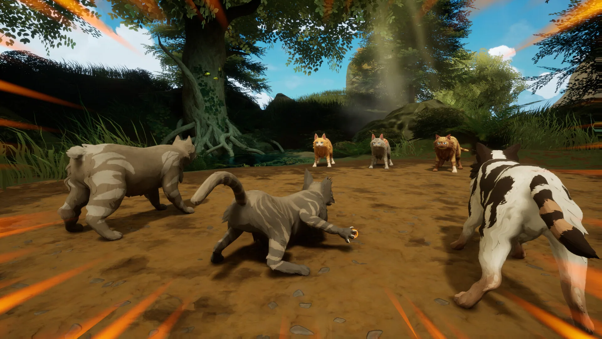 shot-0: cats facing one another in a forest clearing