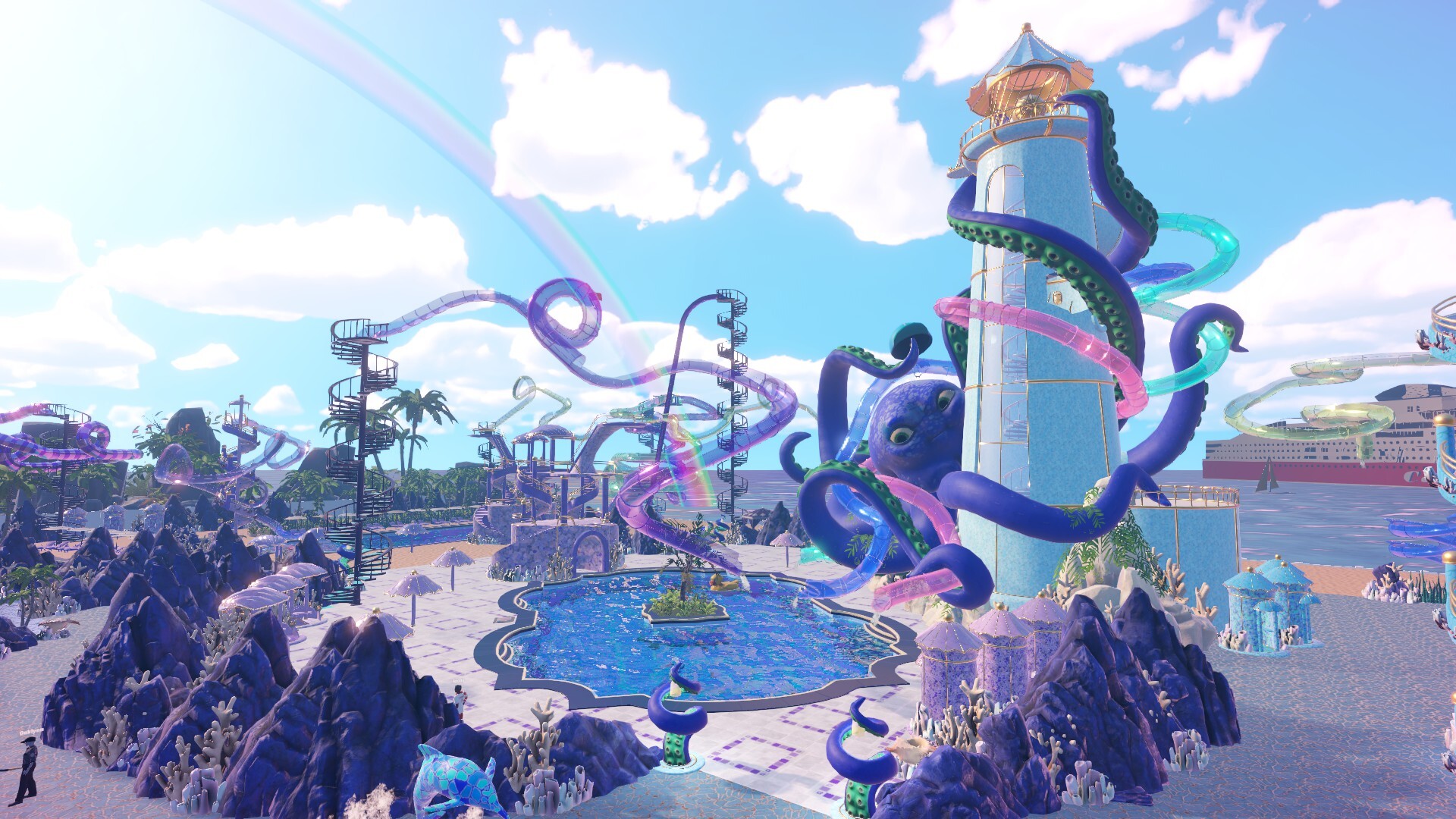 A first-party view of a working park brings construction, guests, attractions, and direct operations into the same frame.