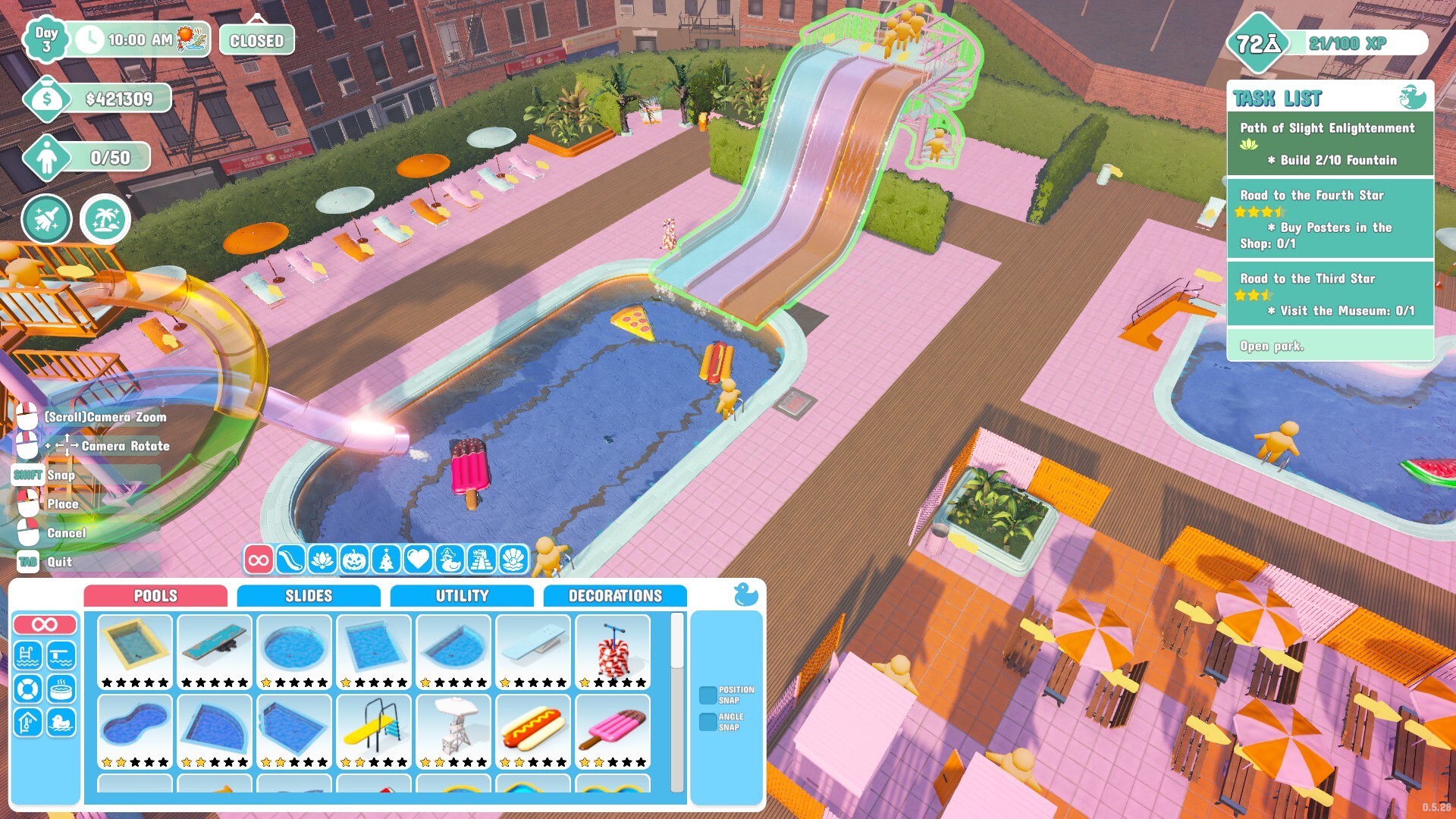 A first-party custom slide build shows how track shape, height, pools, and the surrounding park share one construction space.