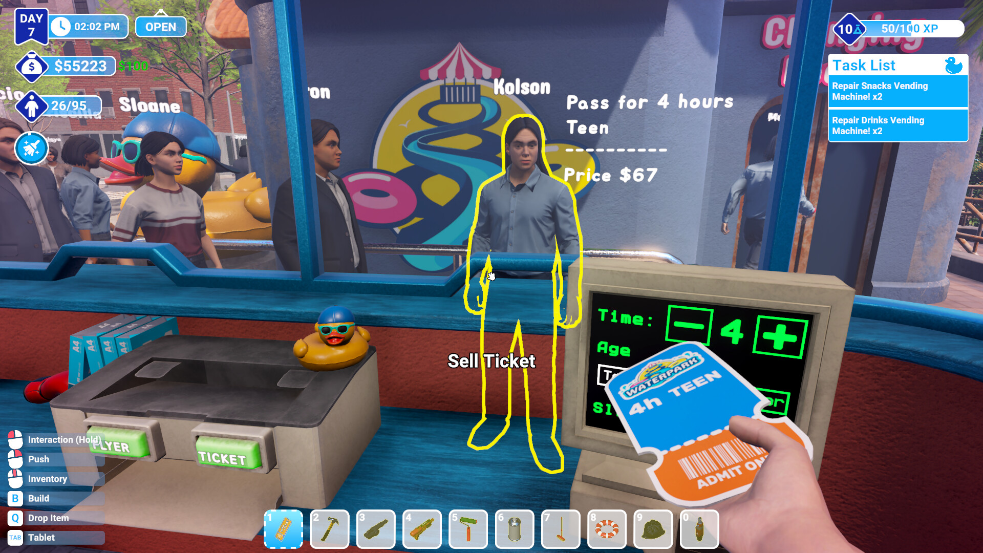 A first-party operating scene puts staff, visitors, attractions, and direct player work in the same management frame.