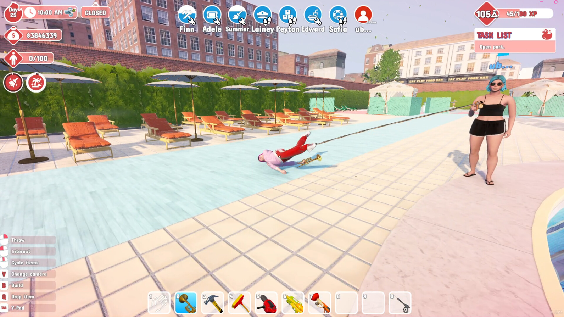 The first-person viewpoint makes park management a visible, physical workflow rather than a remote spreadsheet.