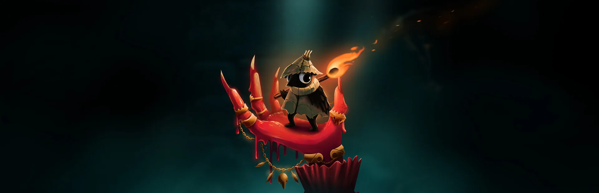 Glimmer holding a lit match on a red perch in the dark