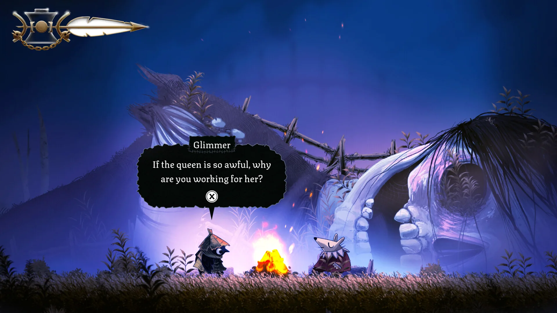 Glimmer, a small bird, and a campfire in violet night