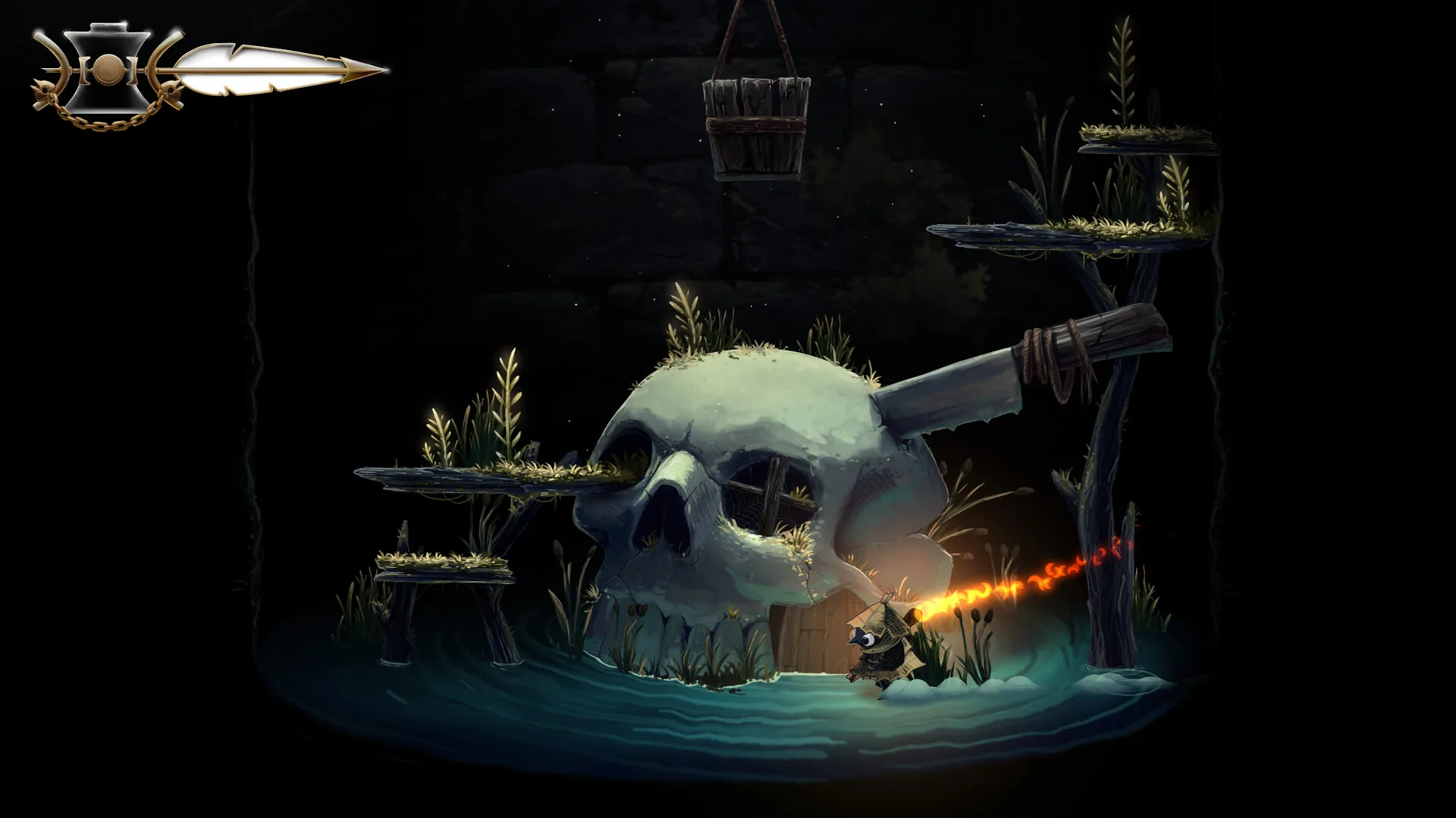 Matchstick light against a skull in a cavern