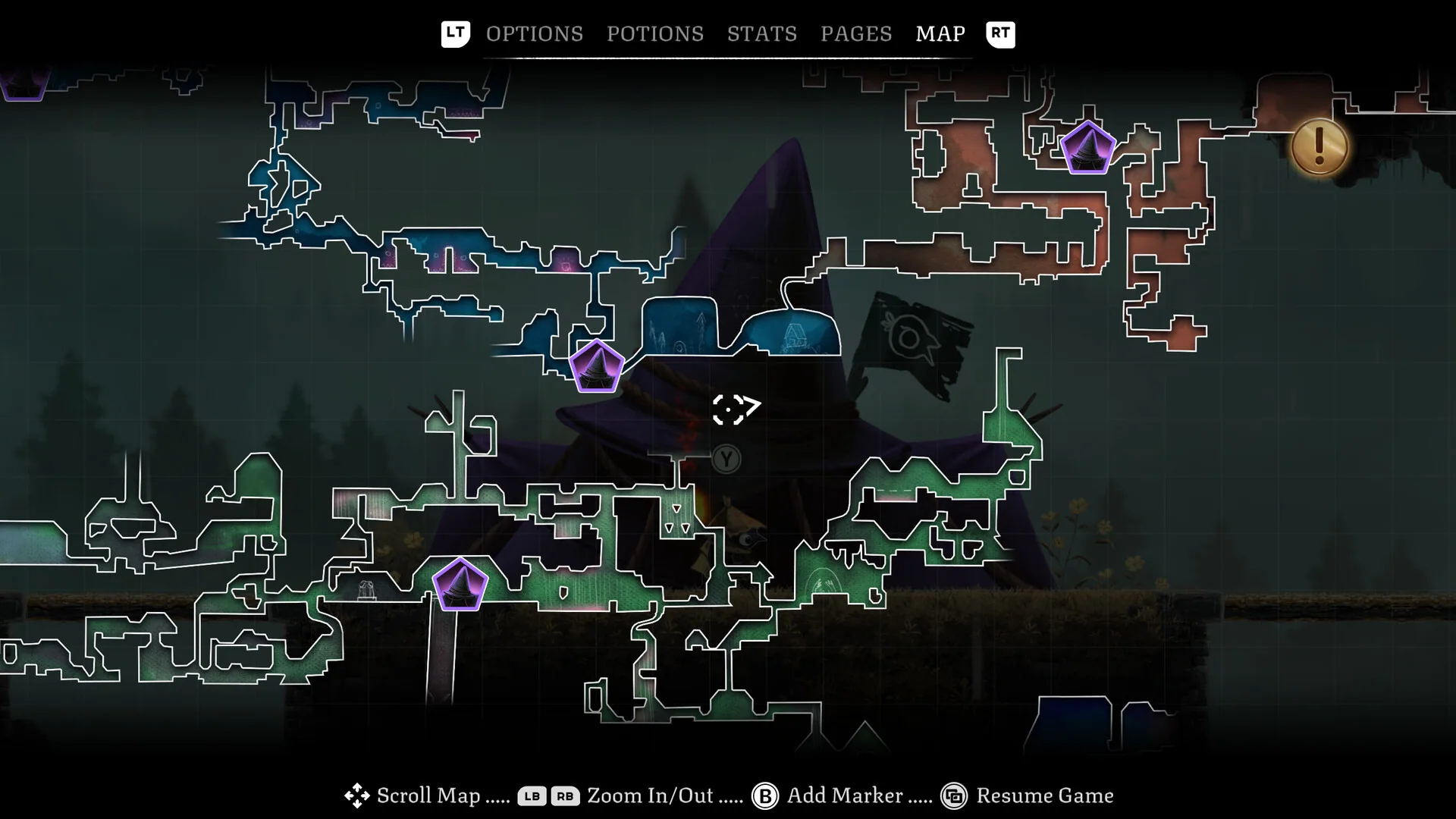 In-game map with pale linework and markers