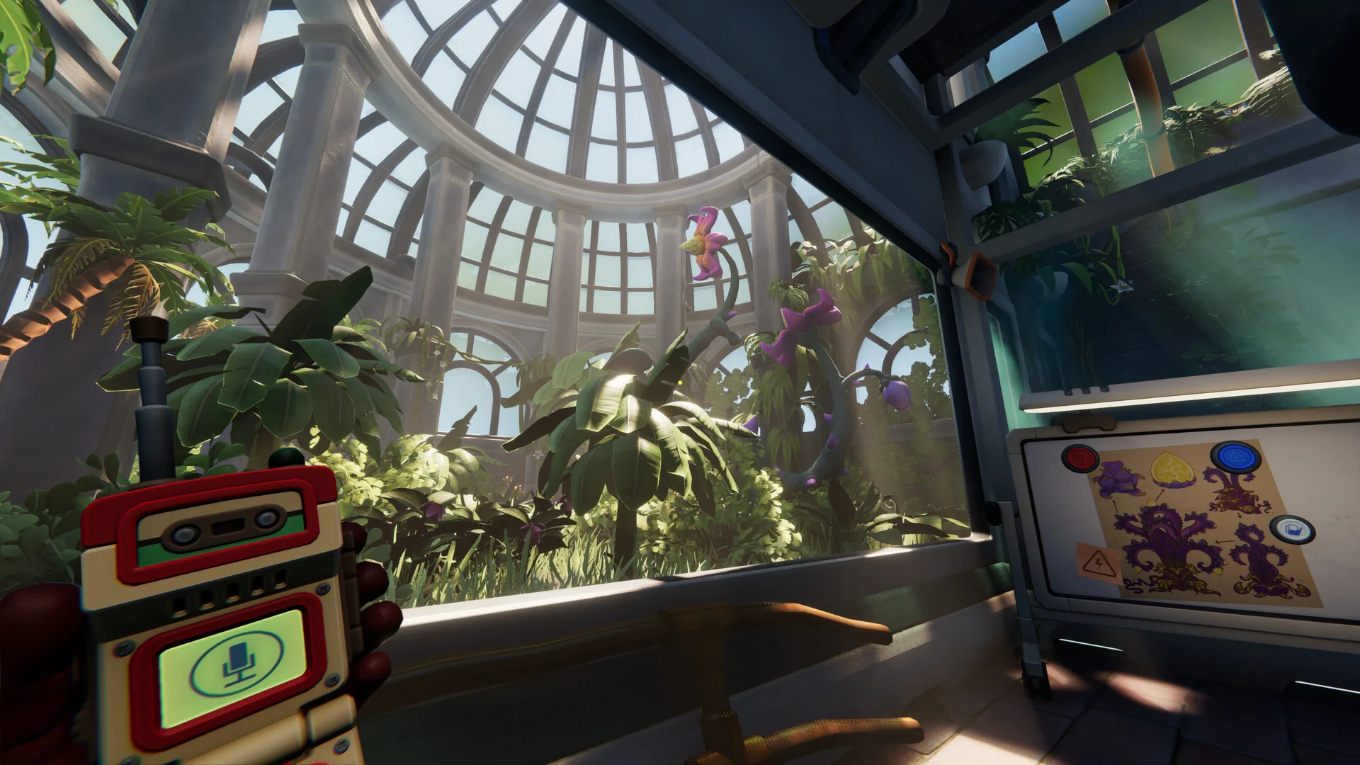 Glasshouse interior with a handheld radio