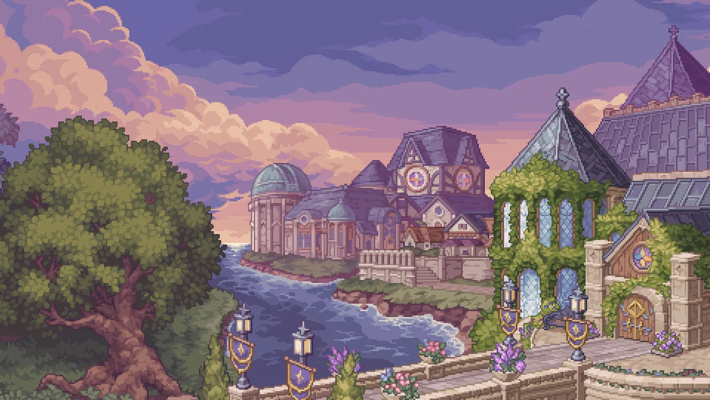 Pixel college and river under a dusk sky