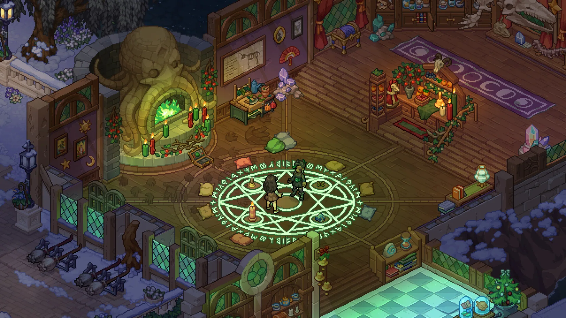 Lantern-lit town street in Mossport