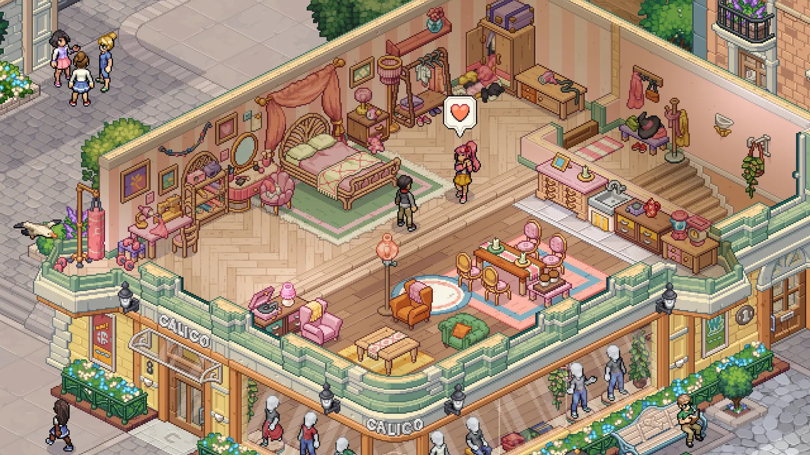 Cottage garden with planters and a greenhouse