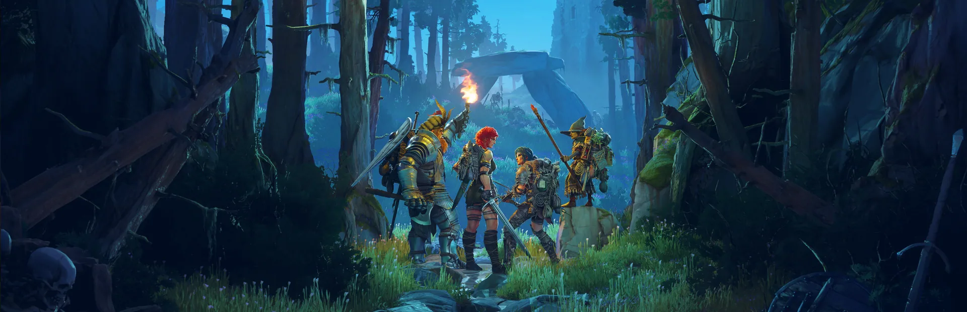 Wyldheart adventurers gathering in a forest settlement