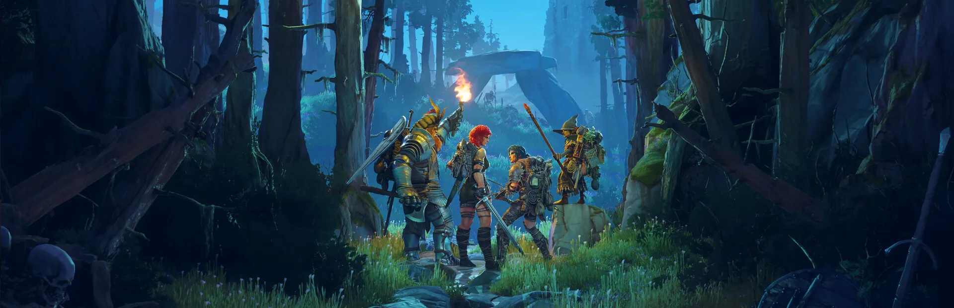 Wyldheart character party in a forest clearing