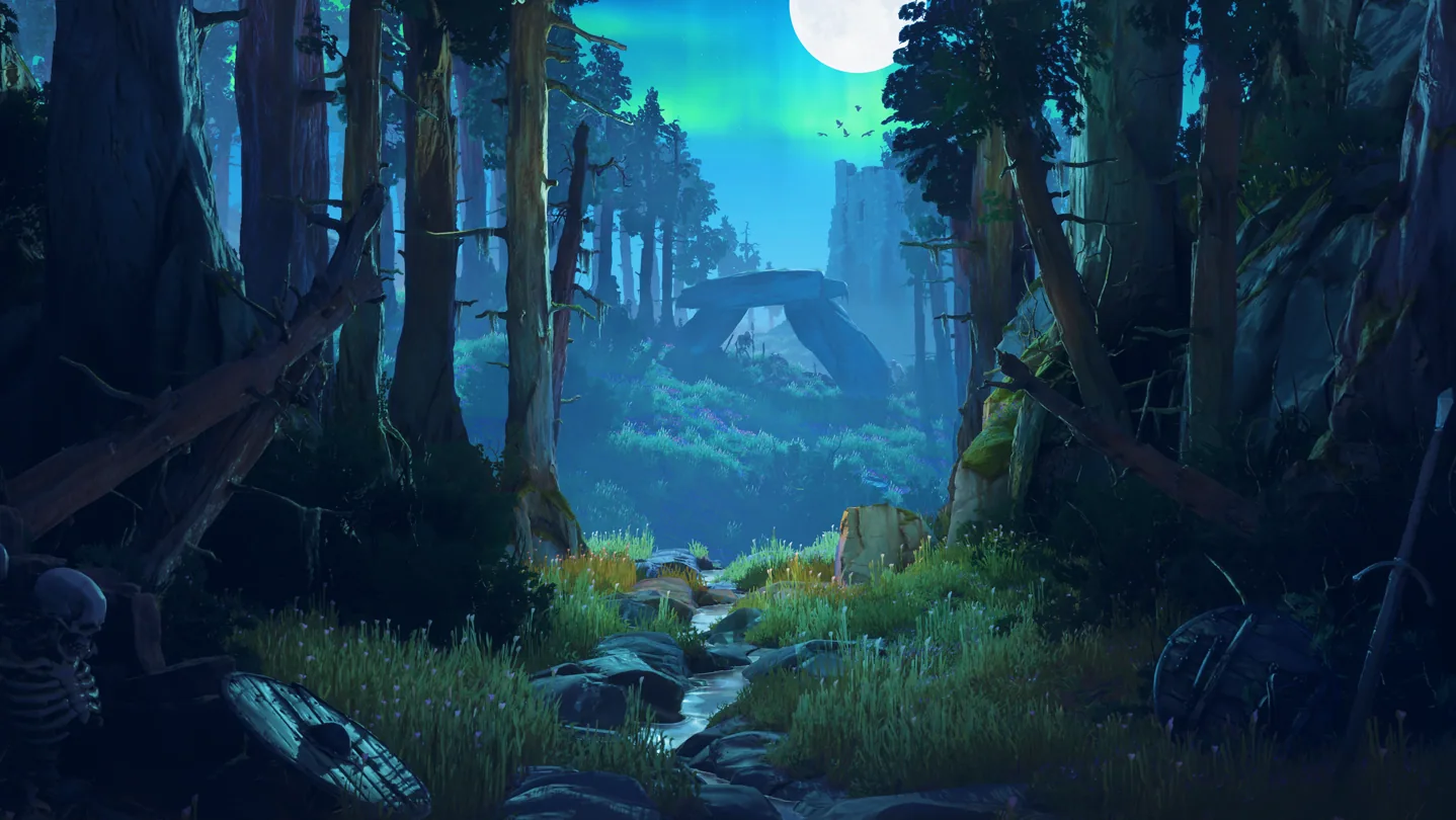 Wide forest background artwork for the Whisperwoods
