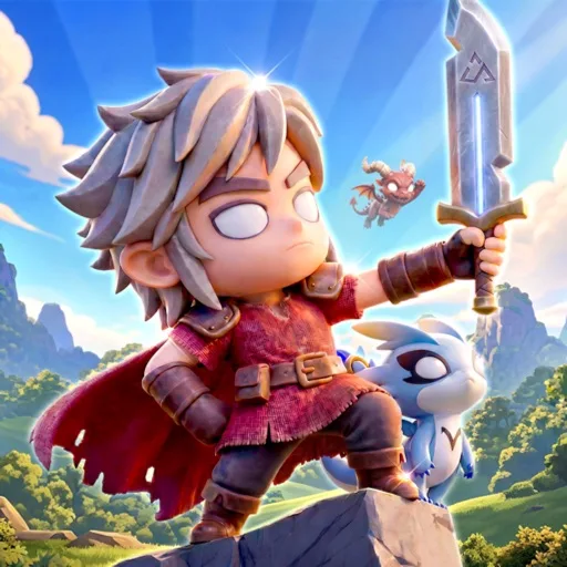 Yusha Renmei hero raising a rune sword on a hilltop with a companion dragon