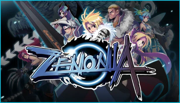 Steam 616x353 capsule of the same ZENONIA ensemble key art inside a cyan border.
