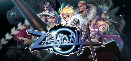Official ZENONIA key art: the ZENONIA wordmark over pixel-anime heroes including a blond swordsman, a horned fighter, a white-haired swordsman whose blade reads Duelist Ivlis, a red-haired claw fighter, and a purple-haired mage.