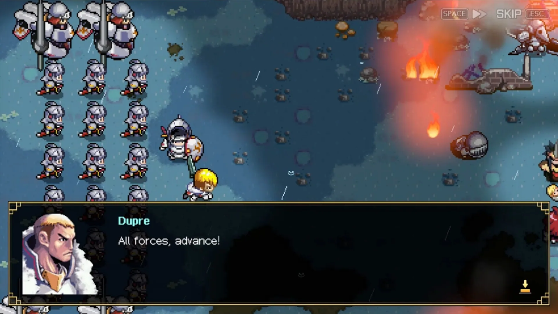 Pixel-art rainy battlefield: a blond child stands beside a white-armored knight while rows of soldiers wait; a dialogue box reads Dupre: All forces, advance!