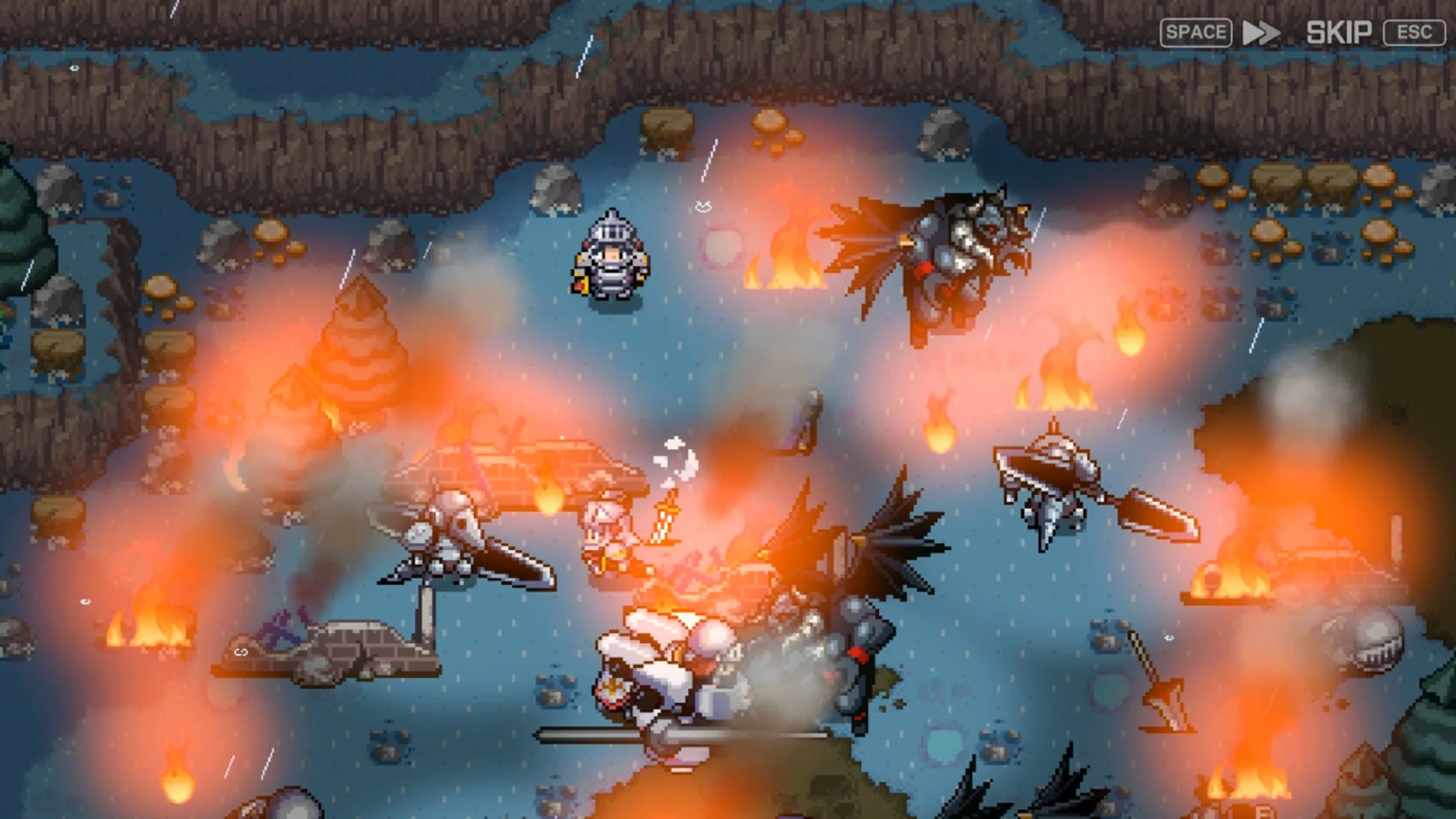 Pixel-art battle on a muddy field with burning ruins, white-armored soldiers clashing with dark winged enemies under rain, Space Skip Esc prompts.