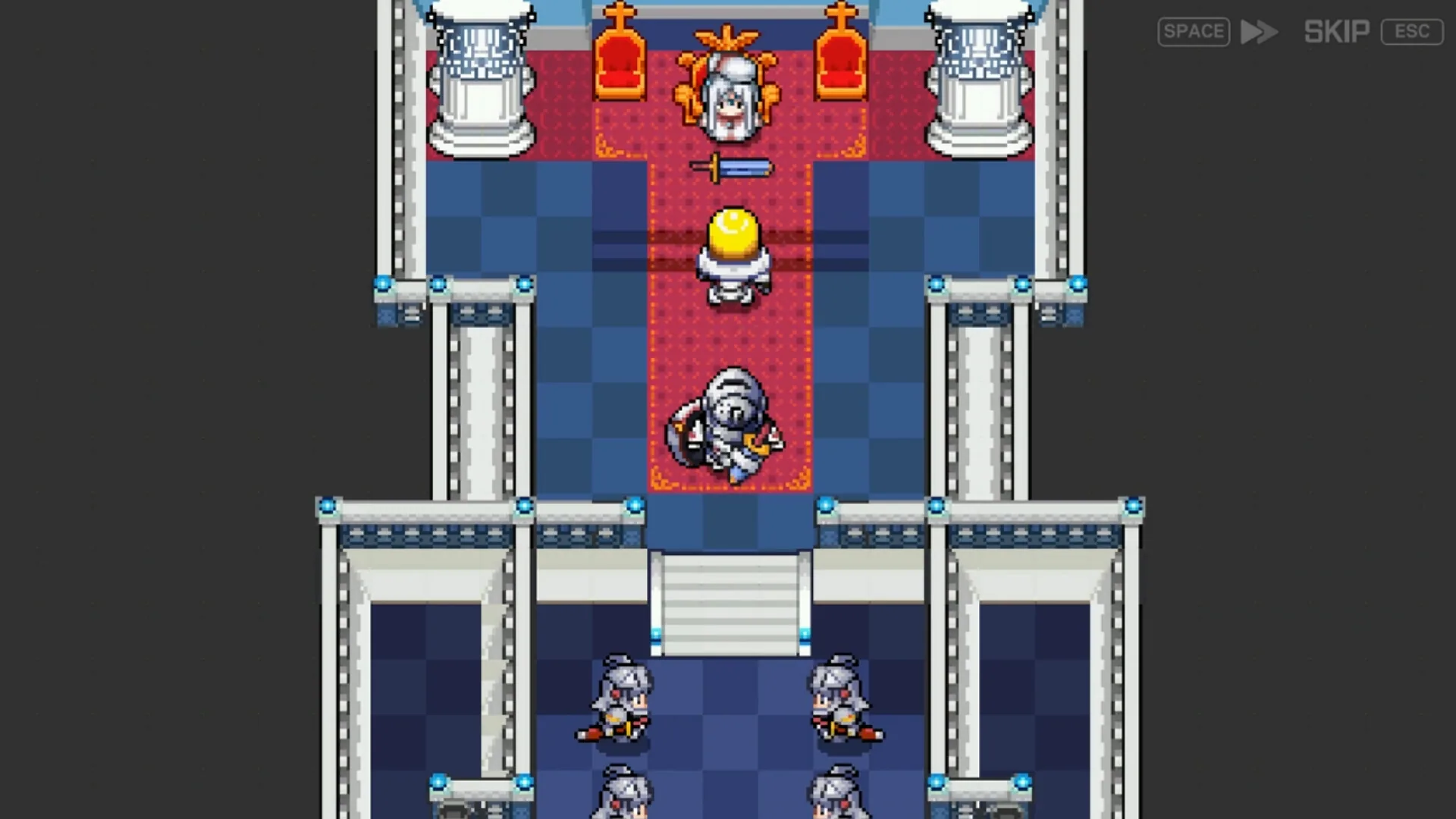 Pixel-art throne room: a crowned figure on a gold throne, a blond child and a kneeling knight on a red carpet, four soldiers at the stairs, Space Skip Esc prompts.