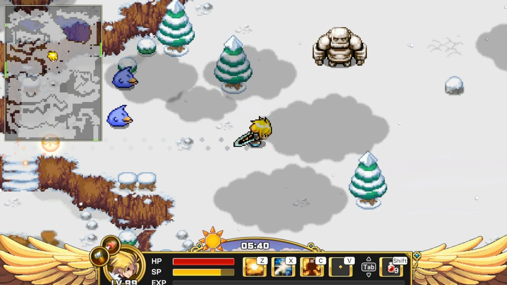 Snowfield with a blond LV 99 hero, two blue birds and a golem; winged HUD shows a red flask, hammer icon, sun clock 05:40, HP/SP/EXP bars.