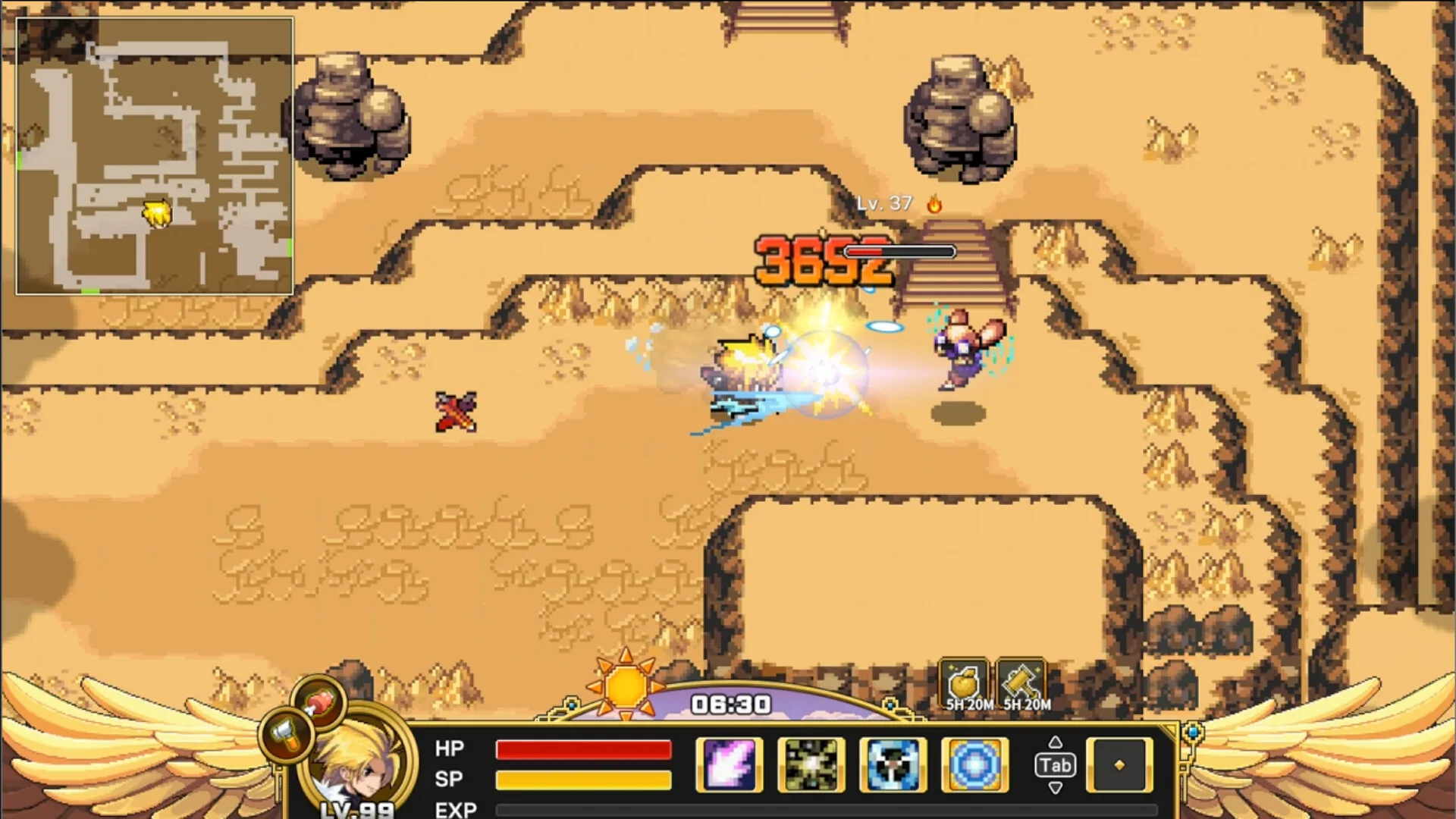 Desert canyon combat: blond LV 99 hero hits a Lv.37 beast for 3652 damage; minimap at left; sun clock 06:30 on the winged HUD.