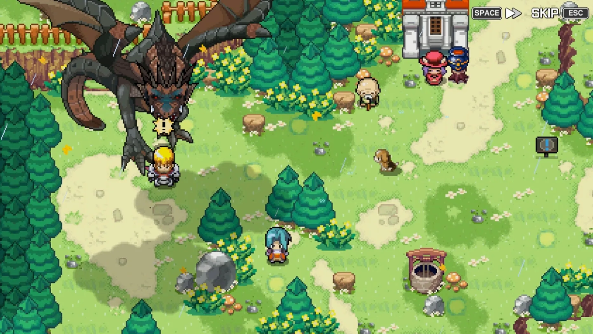 Green town: a brown dragon lifts a blond child near pines, a well, a dog, a blue-haired girl and two townsfolk; Space Skip Esc prompts.