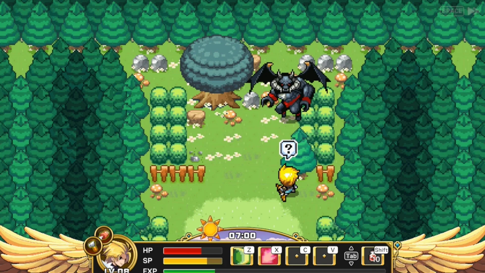 Pine clearing: a winged grey demon faces a blond hero with a question-mark balloon; sun clock 07:00 on the winged HUD.