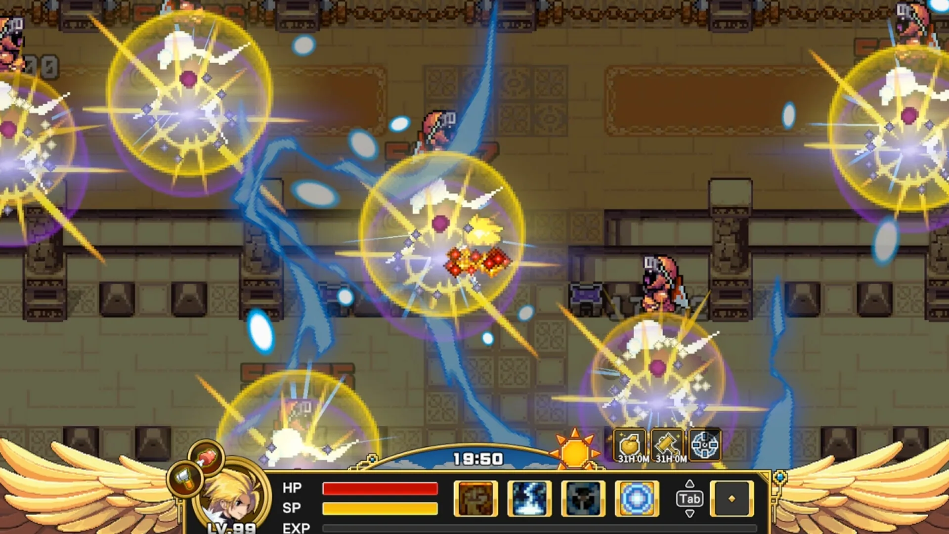 Indoor hall of yellow blast spheres and blue lightning around a LV 99 hero; clock 19:50 on the winged HUD.
